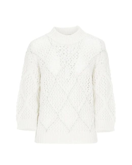 Peserico White Perforated-Knit Bead-Embellished Sweater