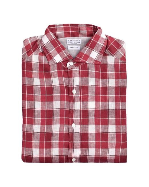 Brunello Cucinelli Red Plaid Button-Down Shirt for men