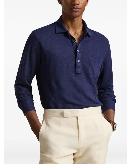 Polo Ralph Lauren Blue Long-Sleeve Linen Polo Shirt for men