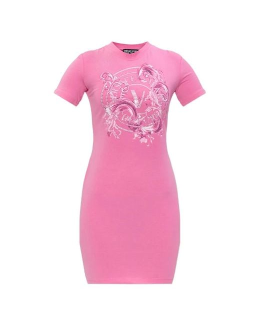 Versace Jeans Couture Pink Embellished Graphic T-Shirt Dress
