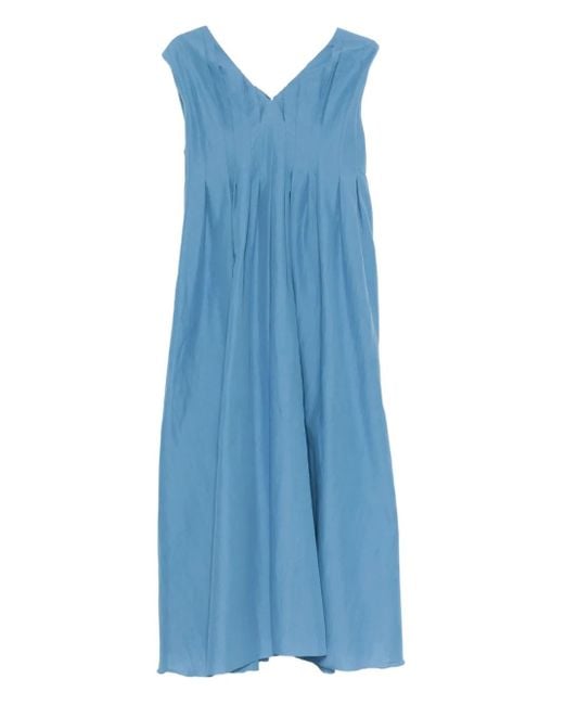 Max Mara Blue Pleated V-Neck Dress