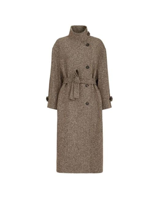 Brunello Cucinelli Natural Sparkling Virgin Wool Chevron Belted Coat With Monili