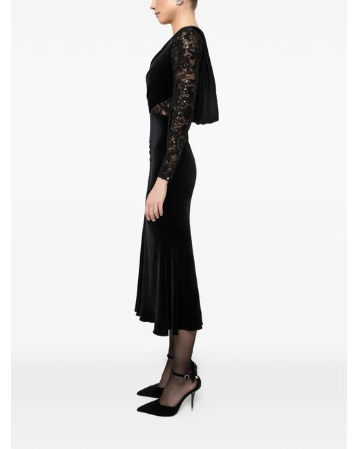 Nissa Lace-Insert Velvet Midi Dress in Black | Lyst
