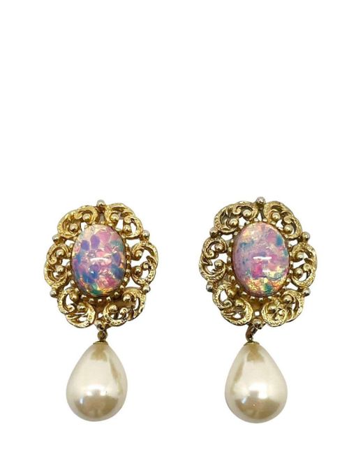 JENNIFER GIBSON JEWELLERY Metallic Vintage Galleried Opal Glass Pearl Drop Earrings 1960s
