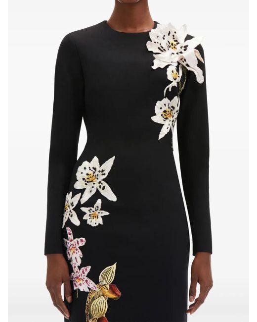 Oscar de la Renta Black Orchid Crystal-Threadwork Midi Dress