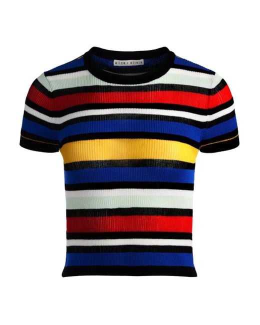 Alice + Olivia Blue Striped Short-Sleeve Sweater