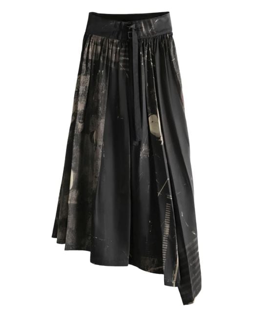Y's Yohji Yamamoto Black Pleated Print Midi Skirt