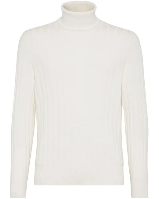 Brunello Cucinelli White Ribbed Cashmere Roll-Neck Knitted Sweater for men