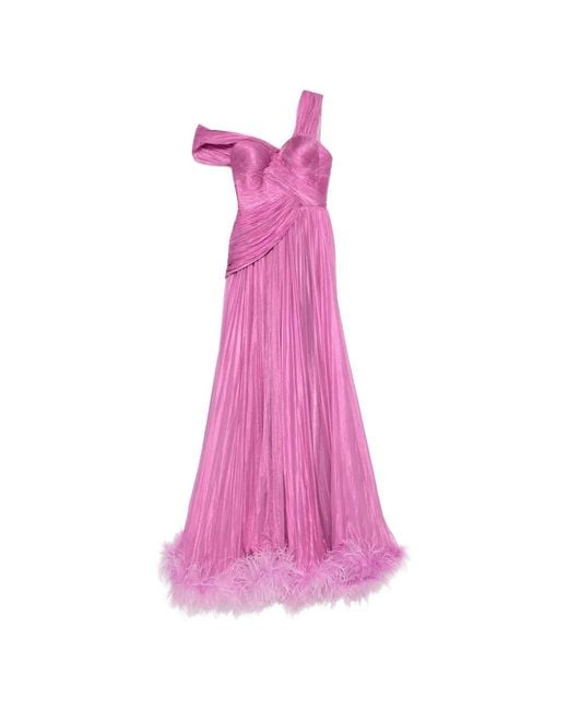 IRIS SERBAN Pink Feather-Trimmed Pleated Maxi Dress