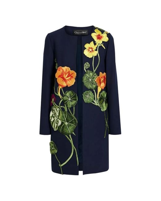 Oscar de la Renta Blue Floral-Appliquéd Grain De Poudre Coat