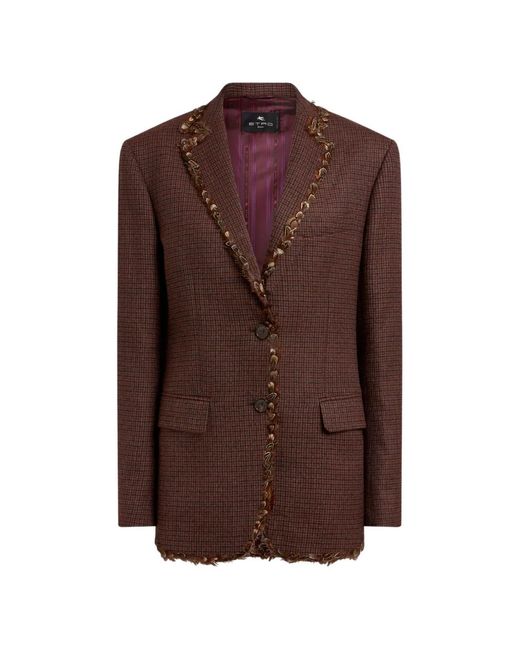 Etro Brown Single-Breasted Wool Jacket With Pheasant Feathers And Micro Houndstooth Motif