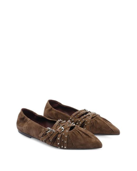 Ash Brown Brendah Pointed-Toe Buckle Ballet Flats