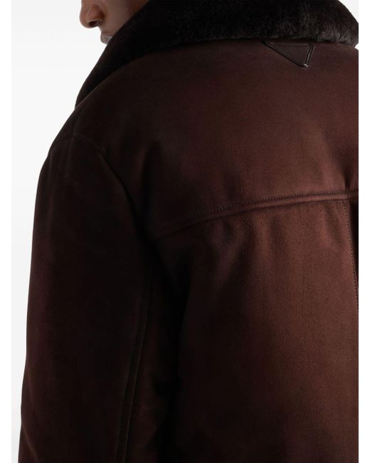 Prada Brown Triangle-Logo Leather Bomber Jacket for men