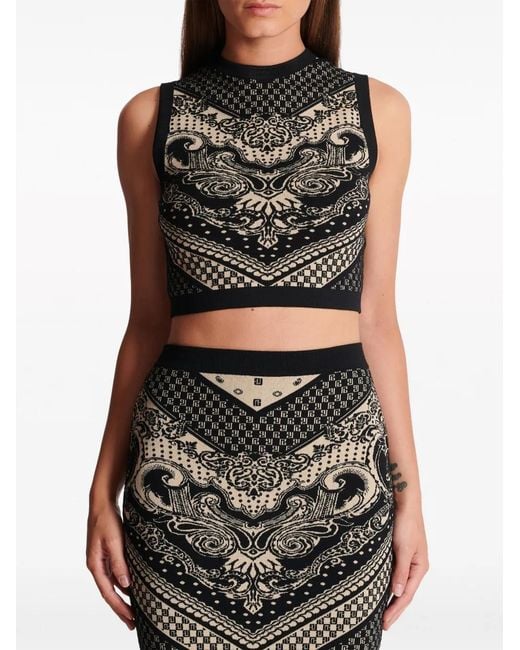 Balmain Black Patterned Intarsia-Knit Crop Top