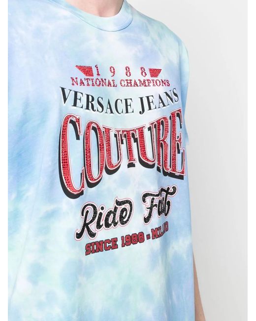 Versace Jeans Couture Blue Tie-Dye Slogan-Print T-Shirt for men