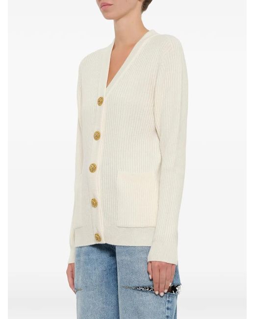 Balmain White Cardigan En Cachemire À Boutonnière