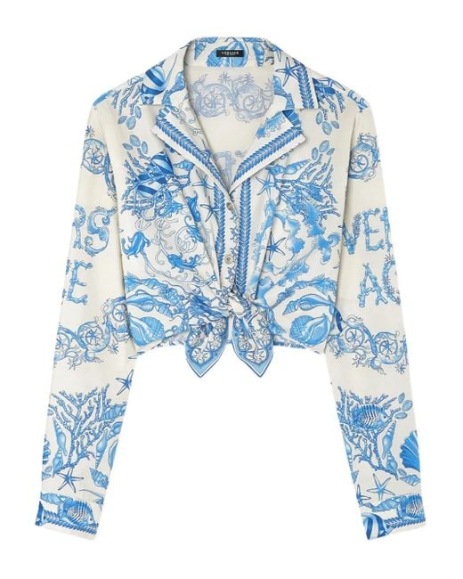 Versace Underwater Barocco Cropped Blouse Met Geknoopt Detail in het Blue