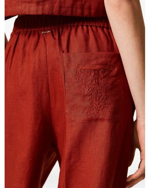 Twinset Linen Trousers With Embroidered Logo