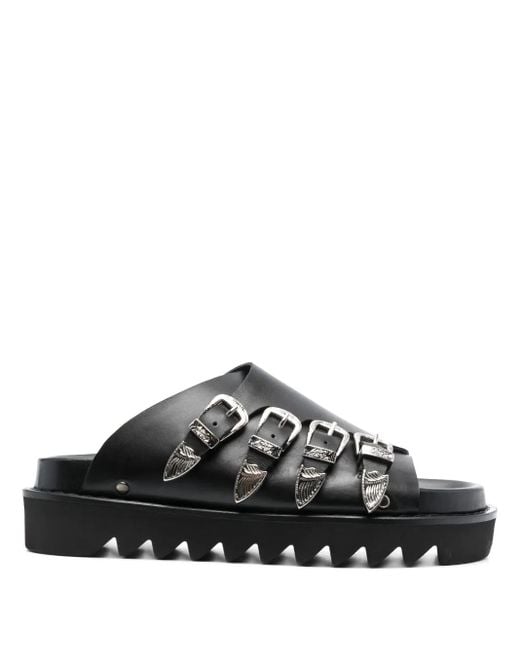 Toga Black Western-Buckle Leather Slides
