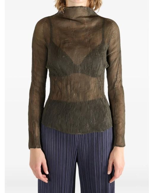 Issey Miyake Green Chiffon Twist 1 Pleated High-Neck Sheer Top