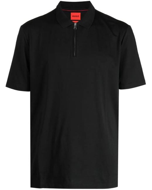 HUGO Black Half-Zip Cotton Blend Polo Shirt for men