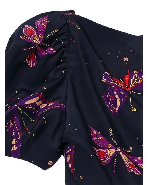 Valentino Garavani Blue Butterfly-Print Puffed-Sleeve Mini Dress