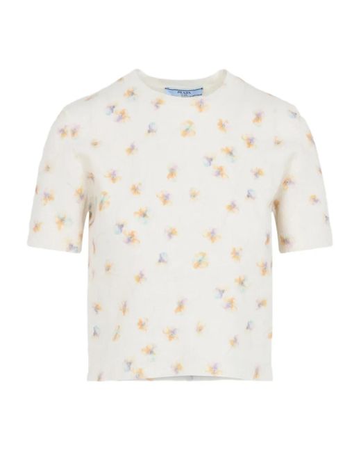 Prada White T-Shirt mit Blumen-Print