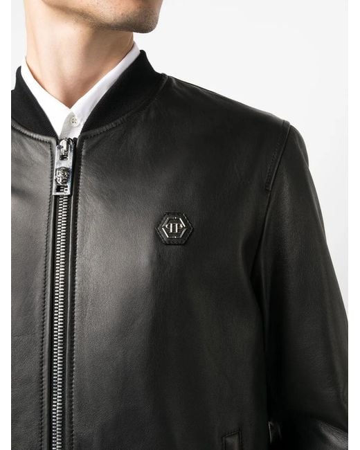 Philipp Plein Black Billy Leather Bomber Jacket for men