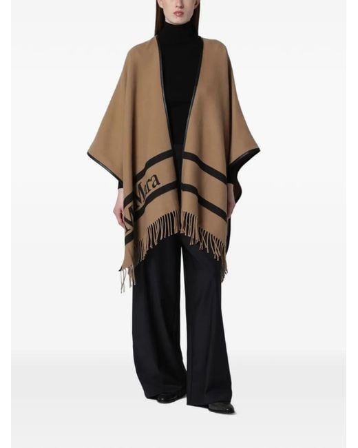 Max Mara Brown Logo-Jacquard Fringed Poncho