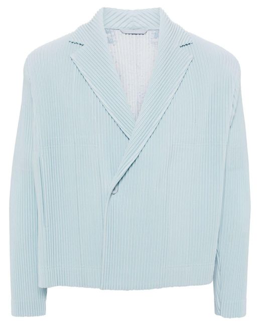 Homme Plissé Issey Miyake Blue Single-breasted Cropped Plissé Jacket for men