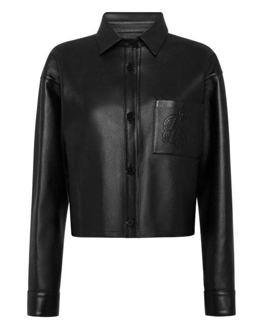Philipp Plein Black Leather Cropped Shirt Signature