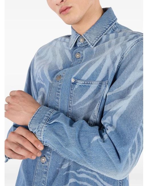 Roberto Cavalli Blue Animal-Print Denim Shirt for men