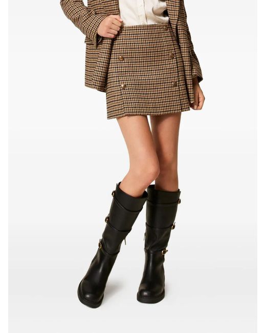 Twinset Brown Checked Buttoned Mini Skirt
