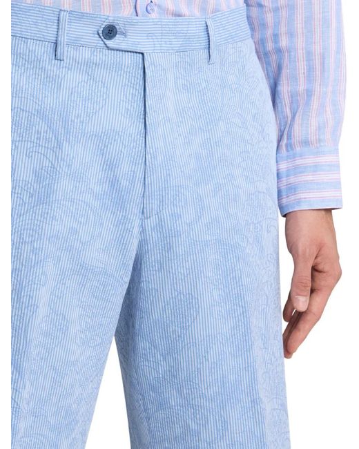 Etro Blue Striped Cotton Jacquard Shorts With Floral Paisley Motif for men