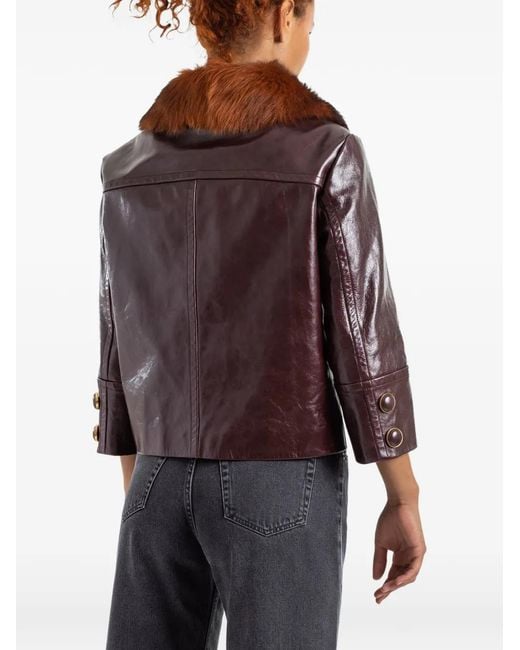 Chloé Brown Fur-Collar Glossy Leather Jacket