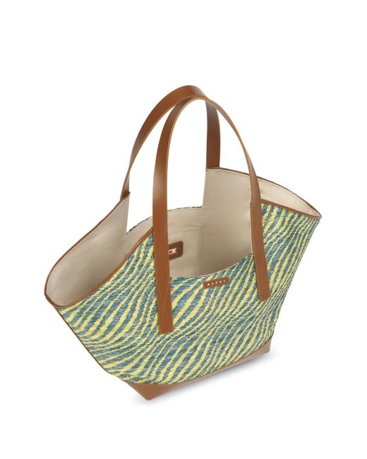 Marni Green Two-Tone Raffia-Effect Tote Bag