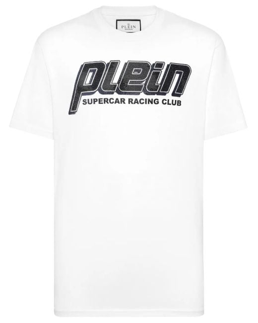 Philipp Plein White Strass Racing Club T-Shirt for men