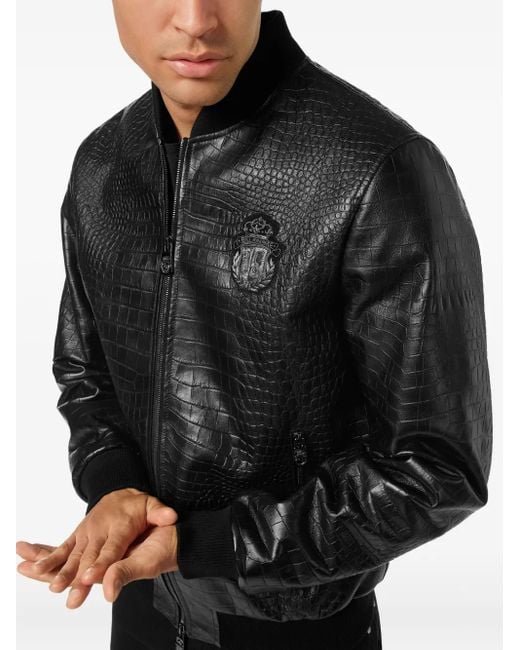 Billionaire Black Crocodile-Effect Zip-Up Bomber Jacket for men