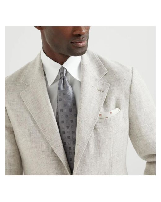 Brunello Cucinelli Gray Silk Tie With Squares Pattern for men