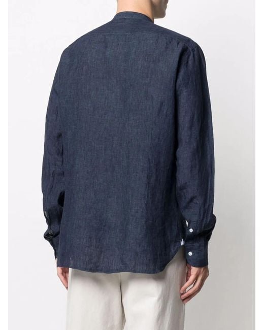 Barba Napoli Blue Band-Collar Linen Shirt for men
