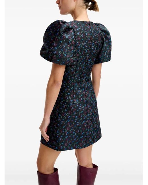 Essentiel Antwerp Black Puff-Sleeve Floral-Print Mini Dress