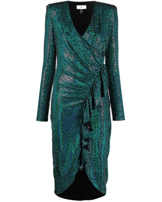 Nissa Green Metallic-finish Ruffle-detail Dress