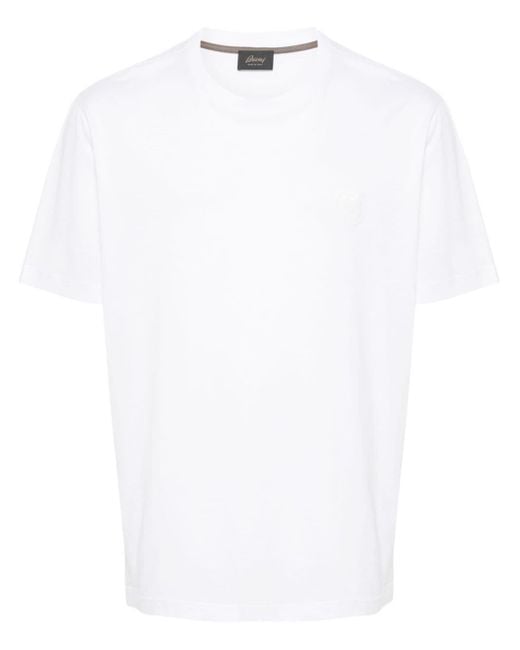 Brioni White Logo Embroidered Cotton T-shirt for men