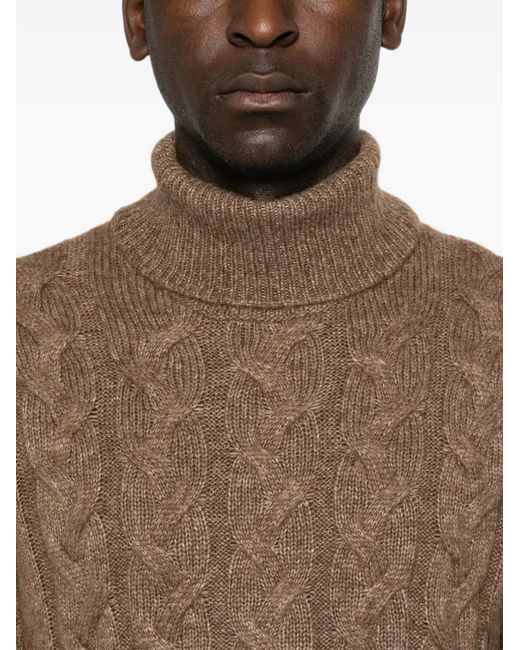 Gran Sasso Brown Cable-Knit Roll-Neck Sweater for men
