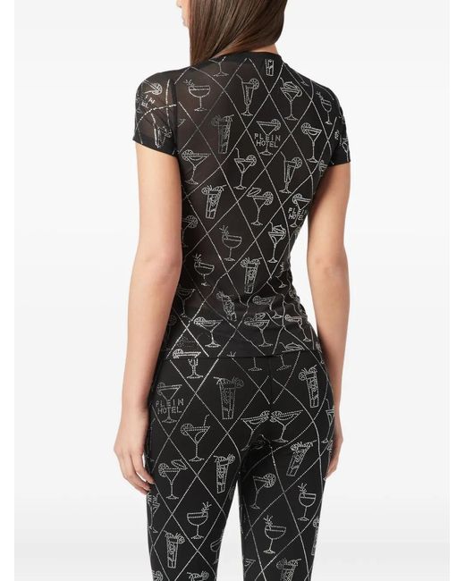 Philipp Plein Black Crystal-Embellished Mesh T-Shirt