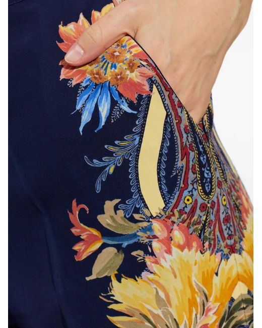 Etro Blue Floral-Print Silk Trousers