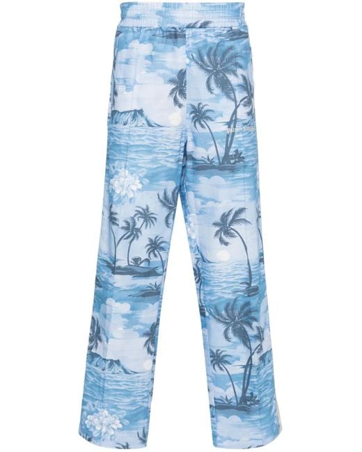 Palm Angels Blue Island-Print Straight-Leg Trousers for men