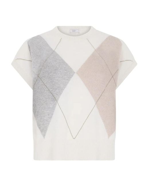 Peserico White Diamond-Pattern Short-Sleeve Top