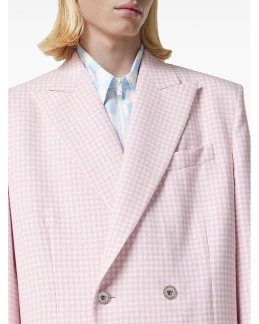 Versace Pink Gingham-check Virgin-wool Coat for men