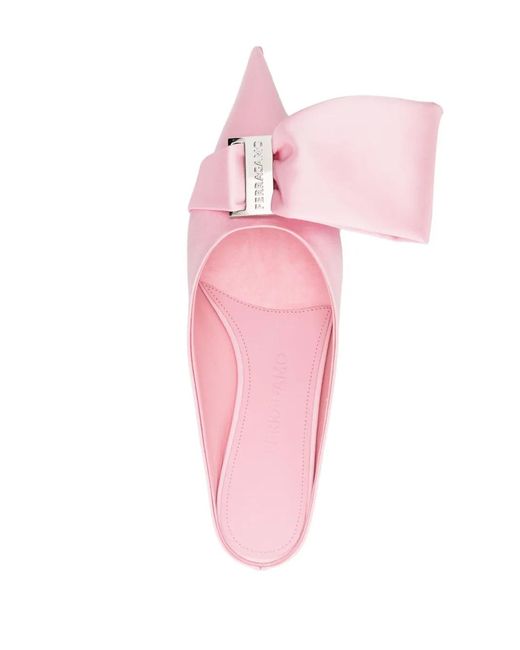 Ferragamo Pink Asymmetric-Bow Satin Mules